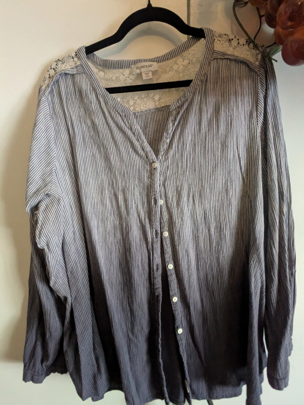 Avenue Gray and White Striped Button-Front Blouse with Lace Yoke